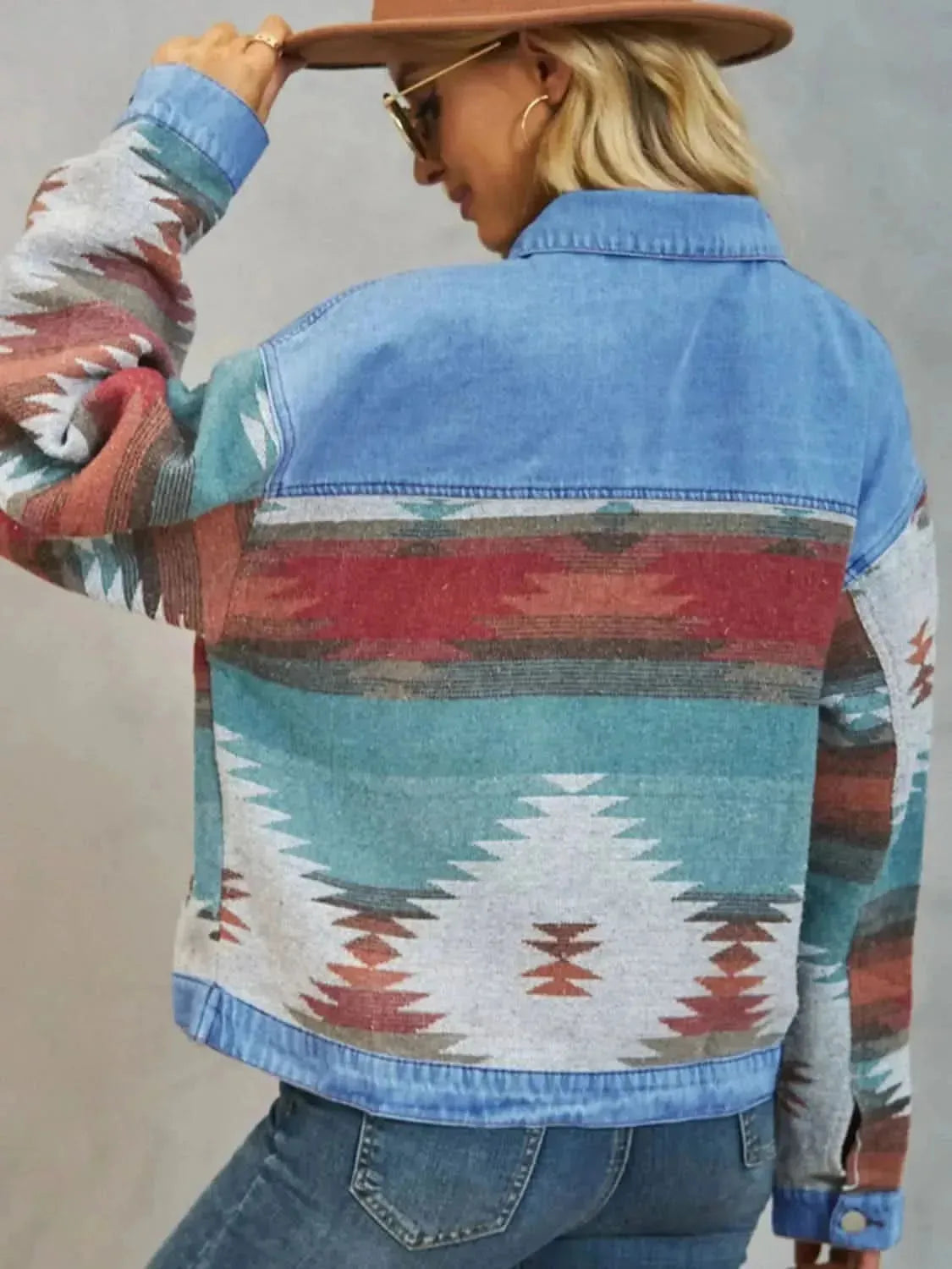 Geometric Button Up Dropped Shoulder Denim Jacket - Bad Moms Club