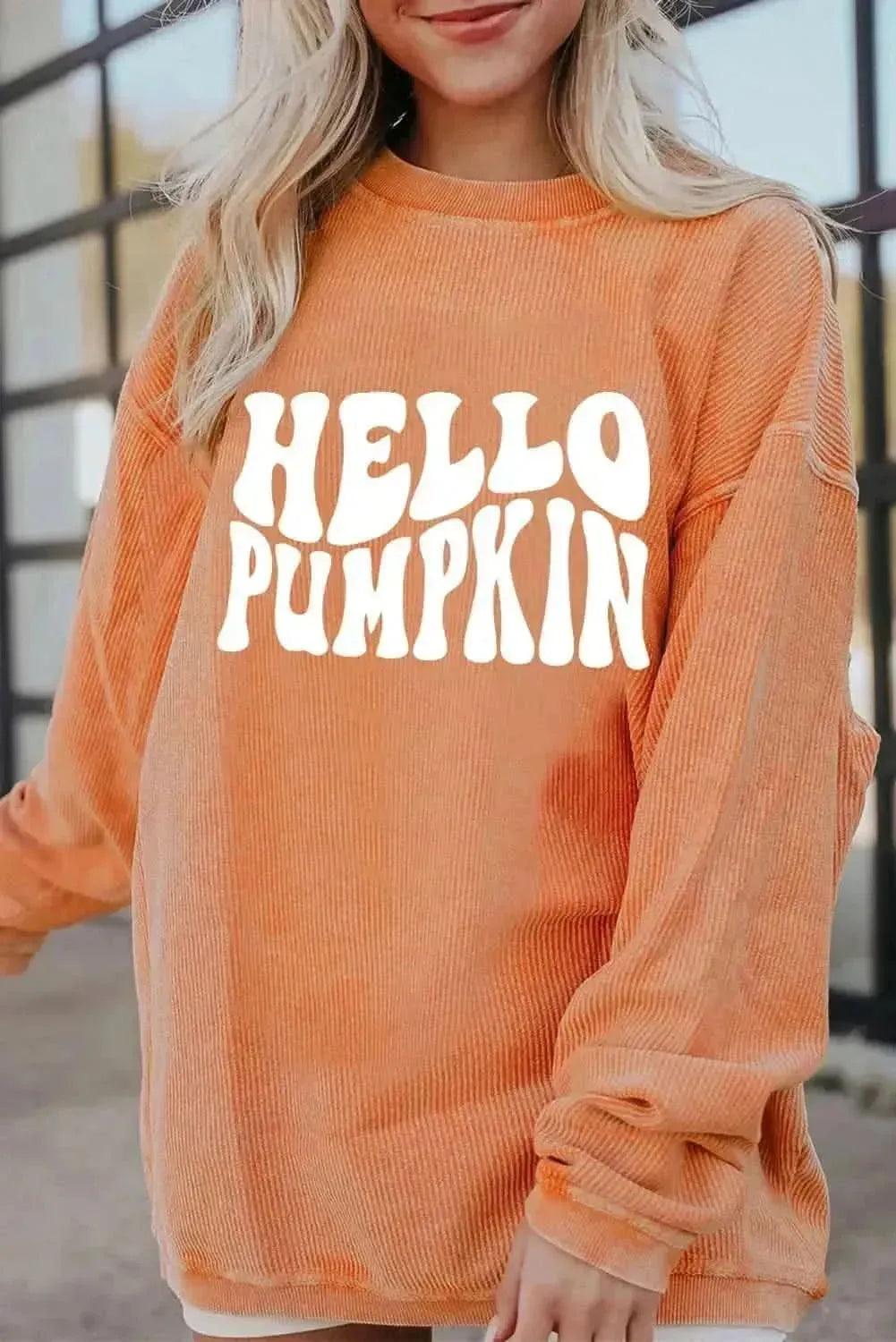 Round Neck Dropped Shoulder HELLO PUMPKIN Graphic Sweatshirt - Bad Moms Club