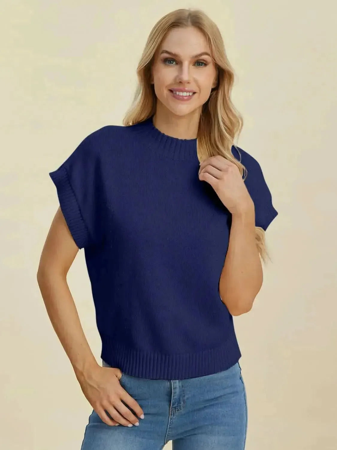 Double Take Full Size Mock Neck Short Sleeve Sweater - Bad Moms Club