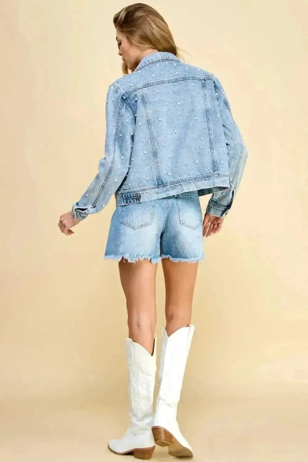 Veveret Button Up Pearl Detail Long Sleeve Denim Jacket - Bad Moms Club