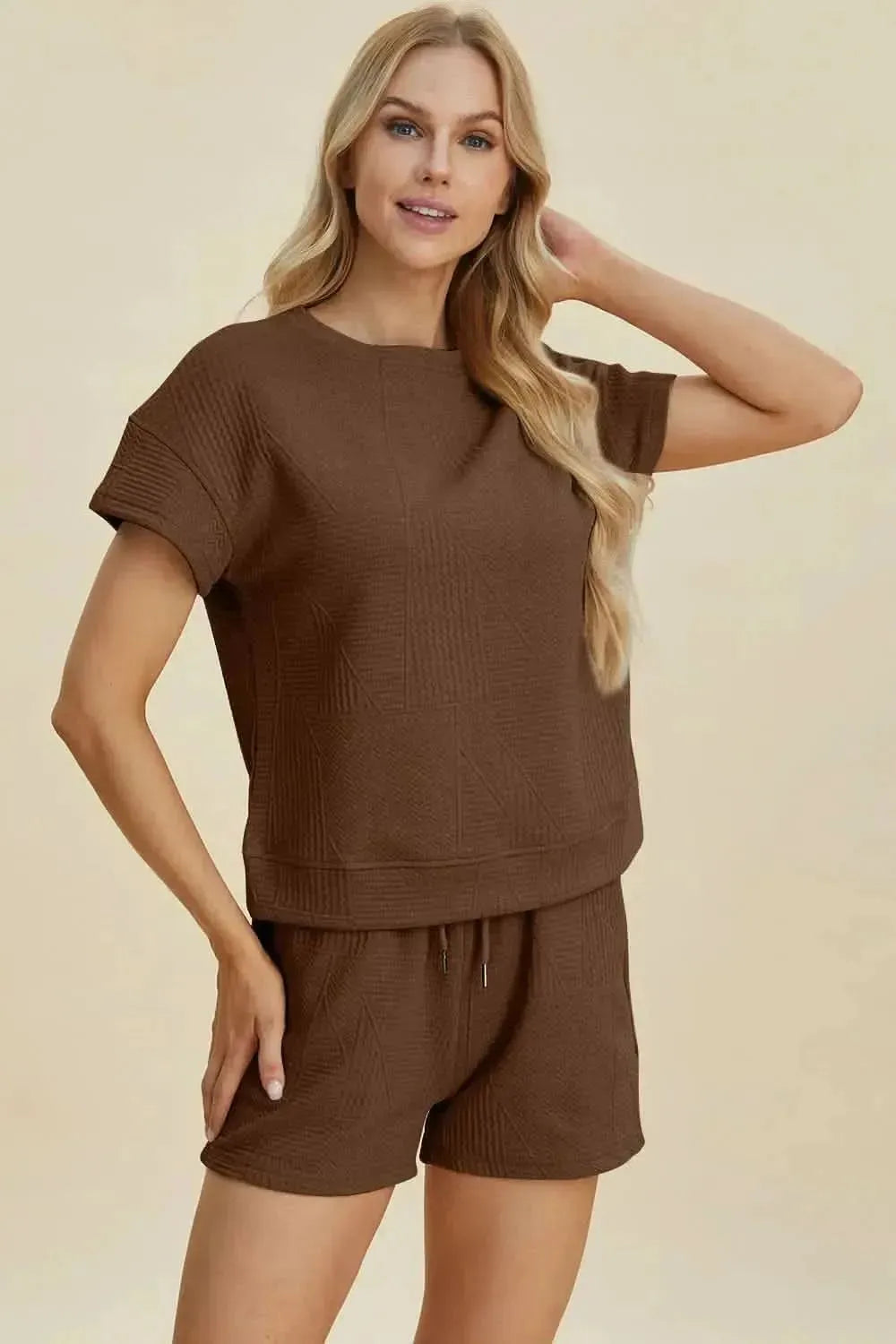 Double Take Full Size Texture Short Sleeve Top and Shorts Set - Bad Moms Club