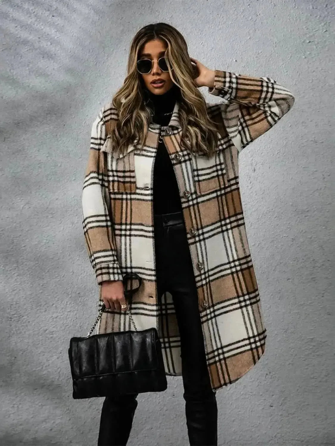 Plaid Collared Neck Long Sleeve Coat - Bad Moms Club