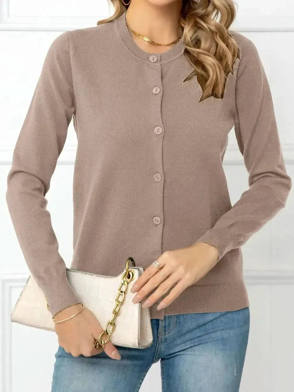 Button Down Round Neck Cardigan - Bad Moms Club