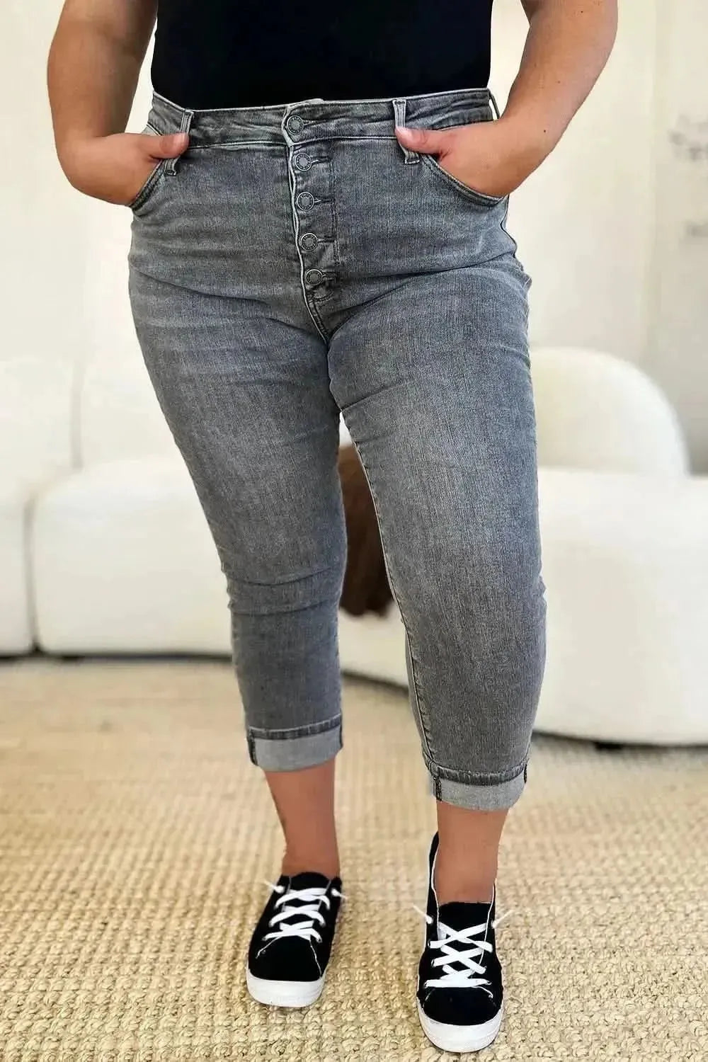Judy Blue Full Size Button Fly High Waist Cuffed Capris - Bad Moms Club