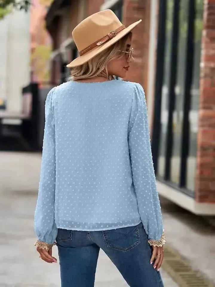 Swiss Dot V-Neck Long Sleeve Blouse - Bad Moms Club