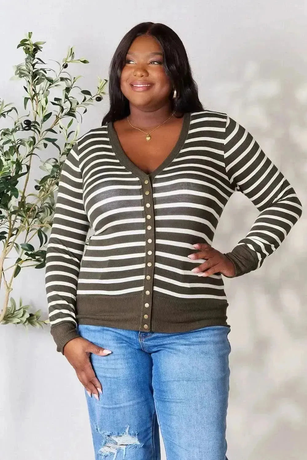 Zenana Full Size Striped Snap Down Cardigan - Bad Moms Club