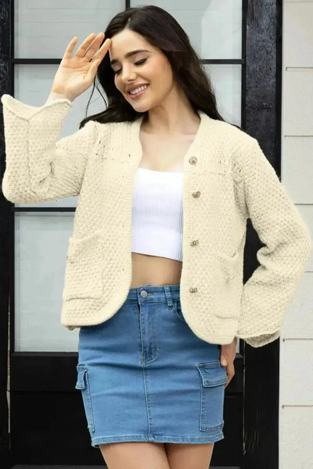 Button Up Long Sleeve Cardigan with Pockets - Bad Moms Club