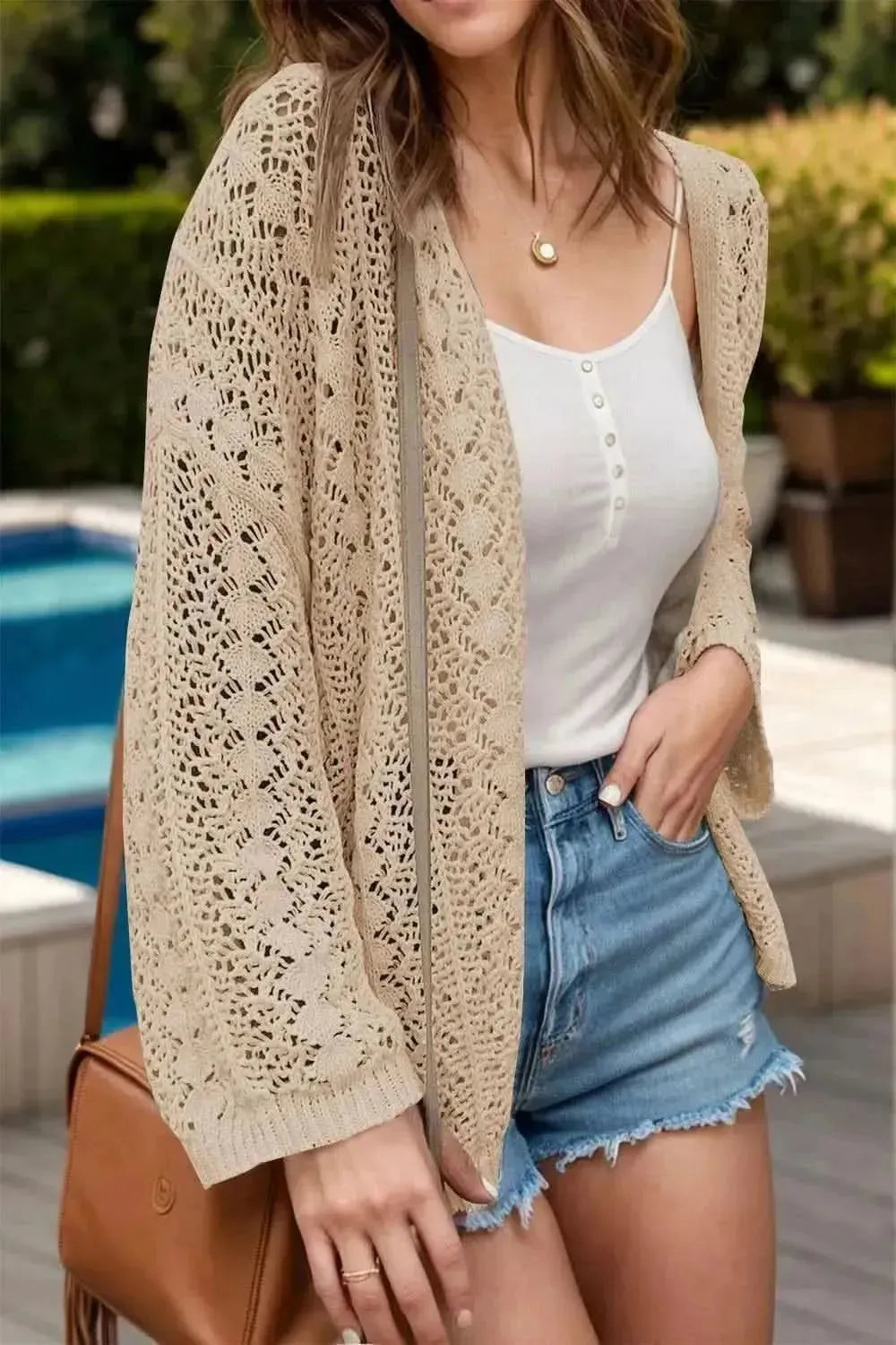 Openwork Open Front Dropped Shoulder Cardigan - Bad Moms Club