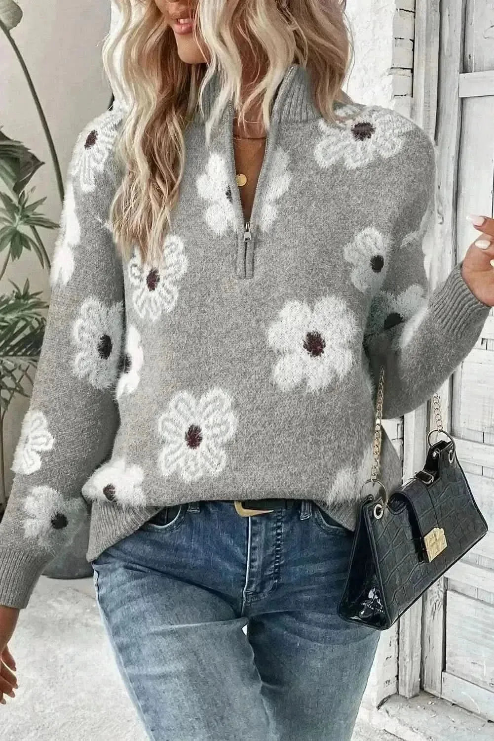 Flower Half Zip Long Sleeve Sweater - Bad Moms Club