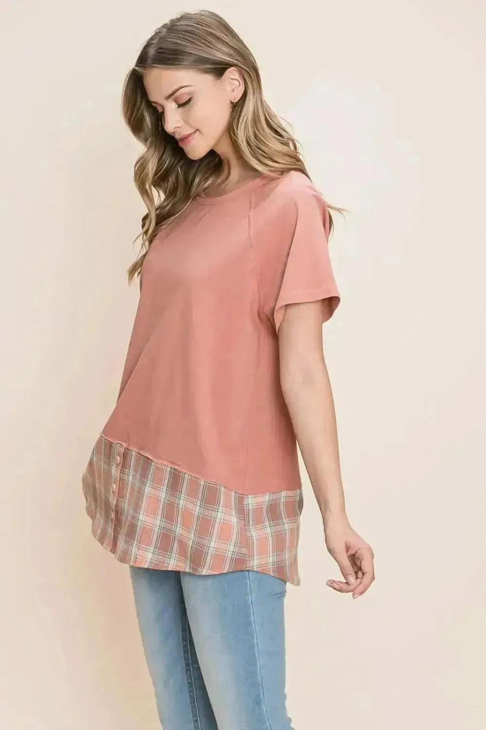 Cotton Bleu by Nu Lab Plaid Contrast Short Sleeve T-Shirt - Bad Moms Club