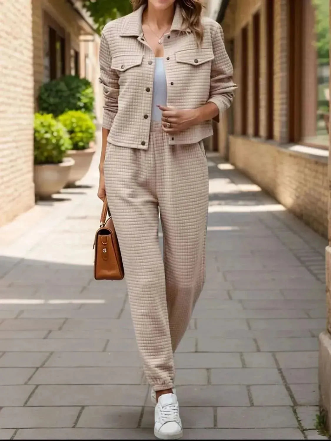 Plaid Texture Snap Down Top and Pants Set - Bad Moms Club