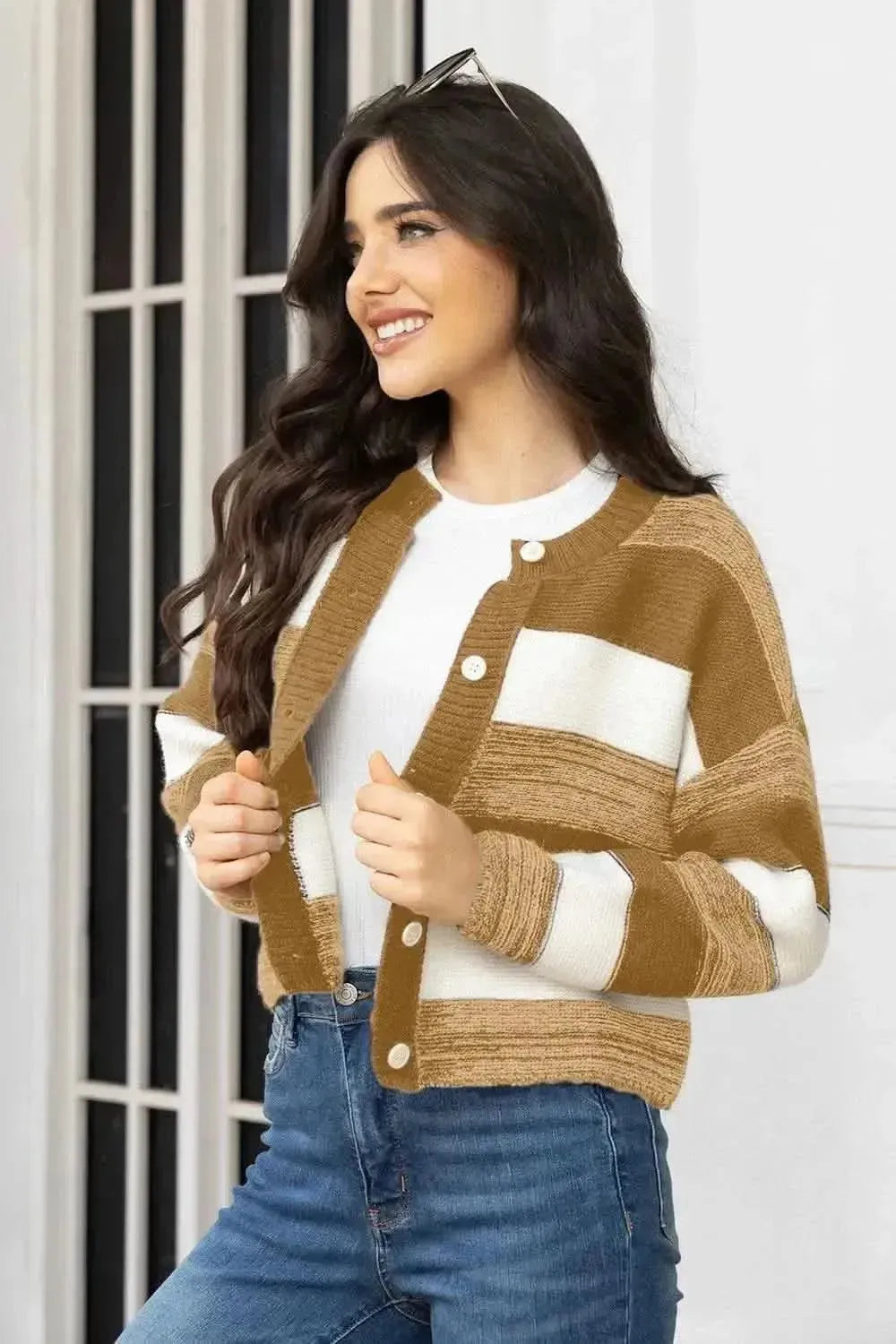 Striped Button Up Long Sleeve Cardigan - Bad Moms Club