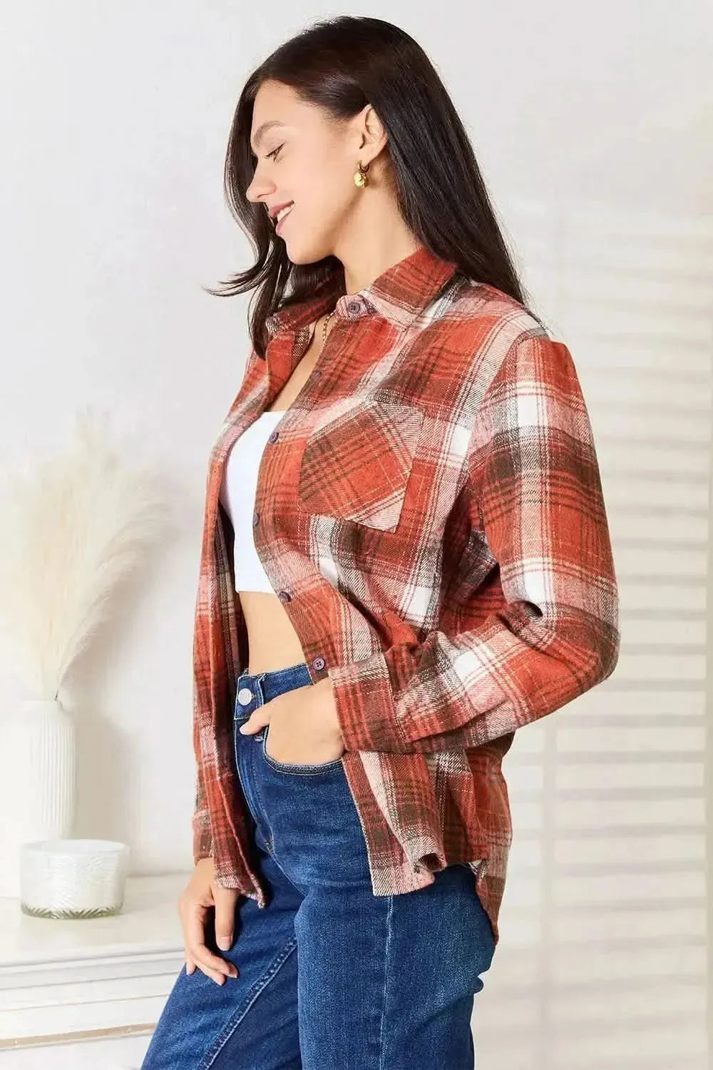 Plaid Collared Neck Long Sleeve Shirt - Bad Moms Club