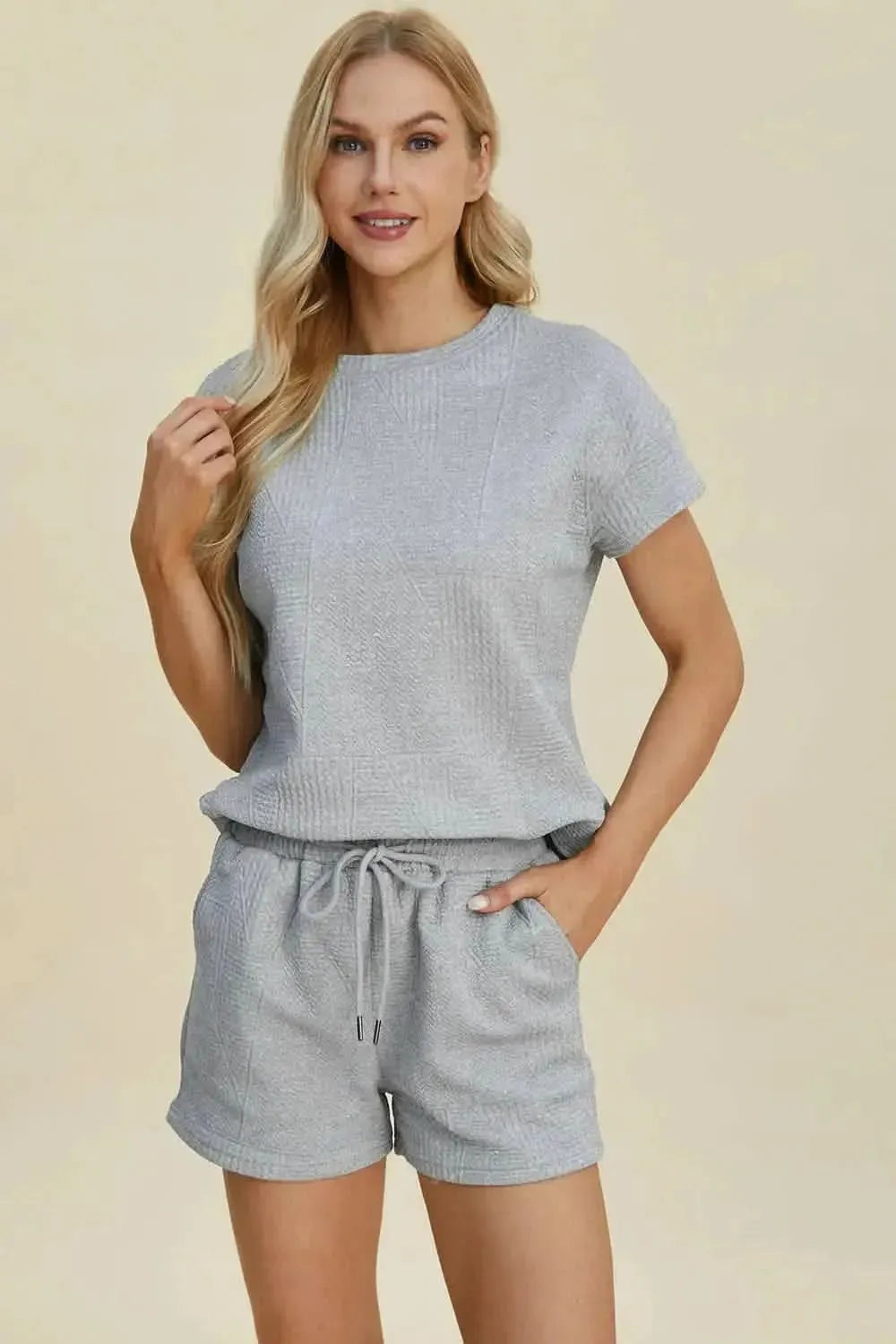 Double Take Full Size Texture Short Sleeve Top and Shorts Set - Bad Moms Club