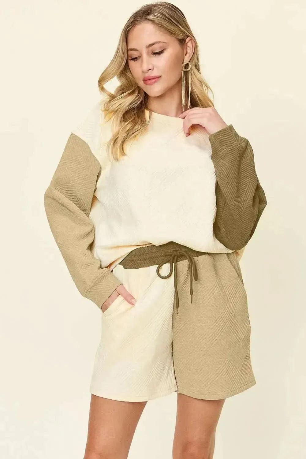 Double Take Full Size Contrast Drop Shoulder Top and Shorts Set - Bad Moms Club