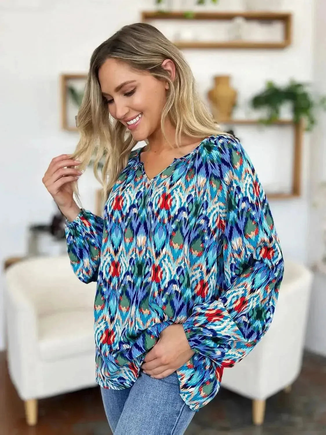 Double Take Full Size Printed Balloon Sleeve Blouse - Bad Moms Club