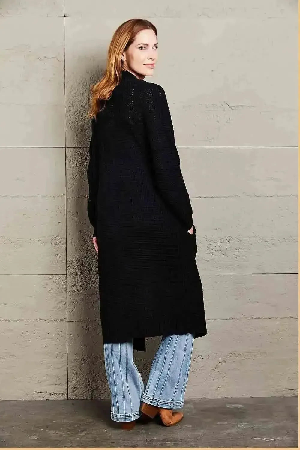 Waffle Knit Open Front Duster Cardigan With Pockets - Bad Moms Club