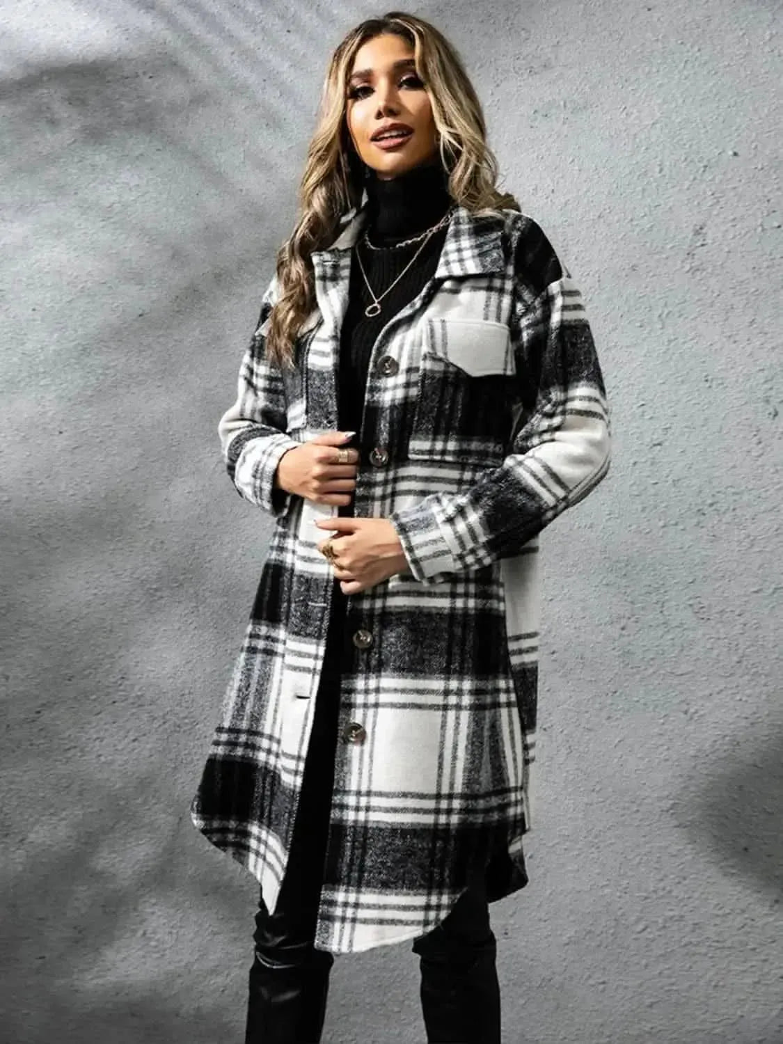 Plaid Collared Neck Long Sleeve Coat - Bad Moms Club