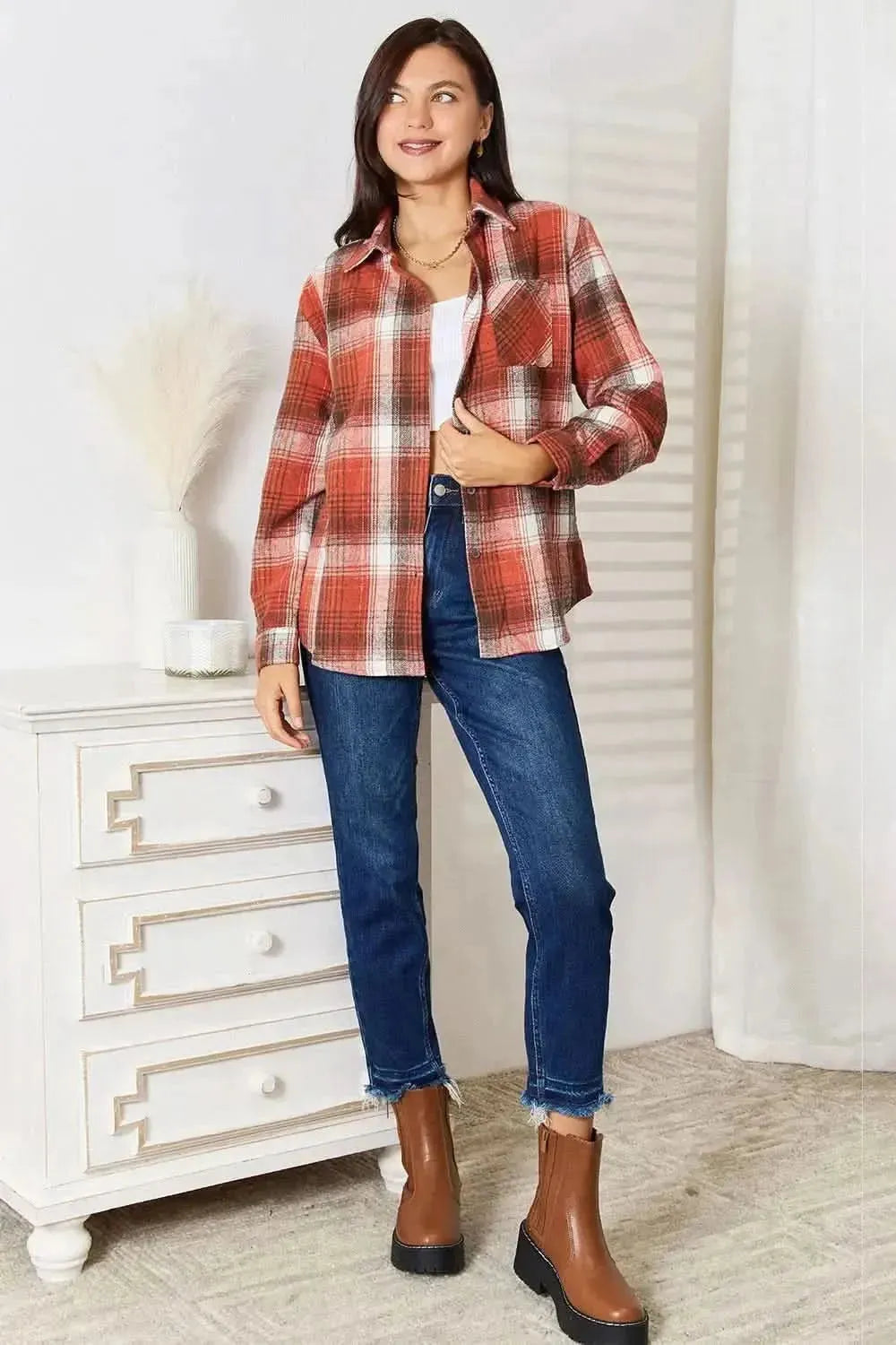 Plaid Collared Neck Long Sleeve Shirt - Bad Moms Club