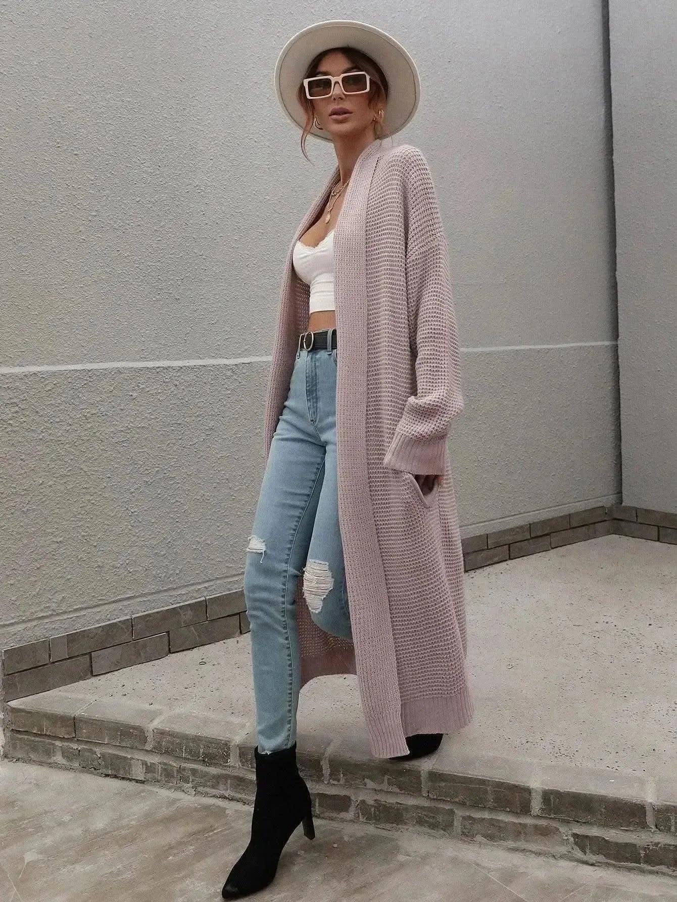 Waffle Knit Open Front Duster Cardigan With Pockets - Bad Moms Club