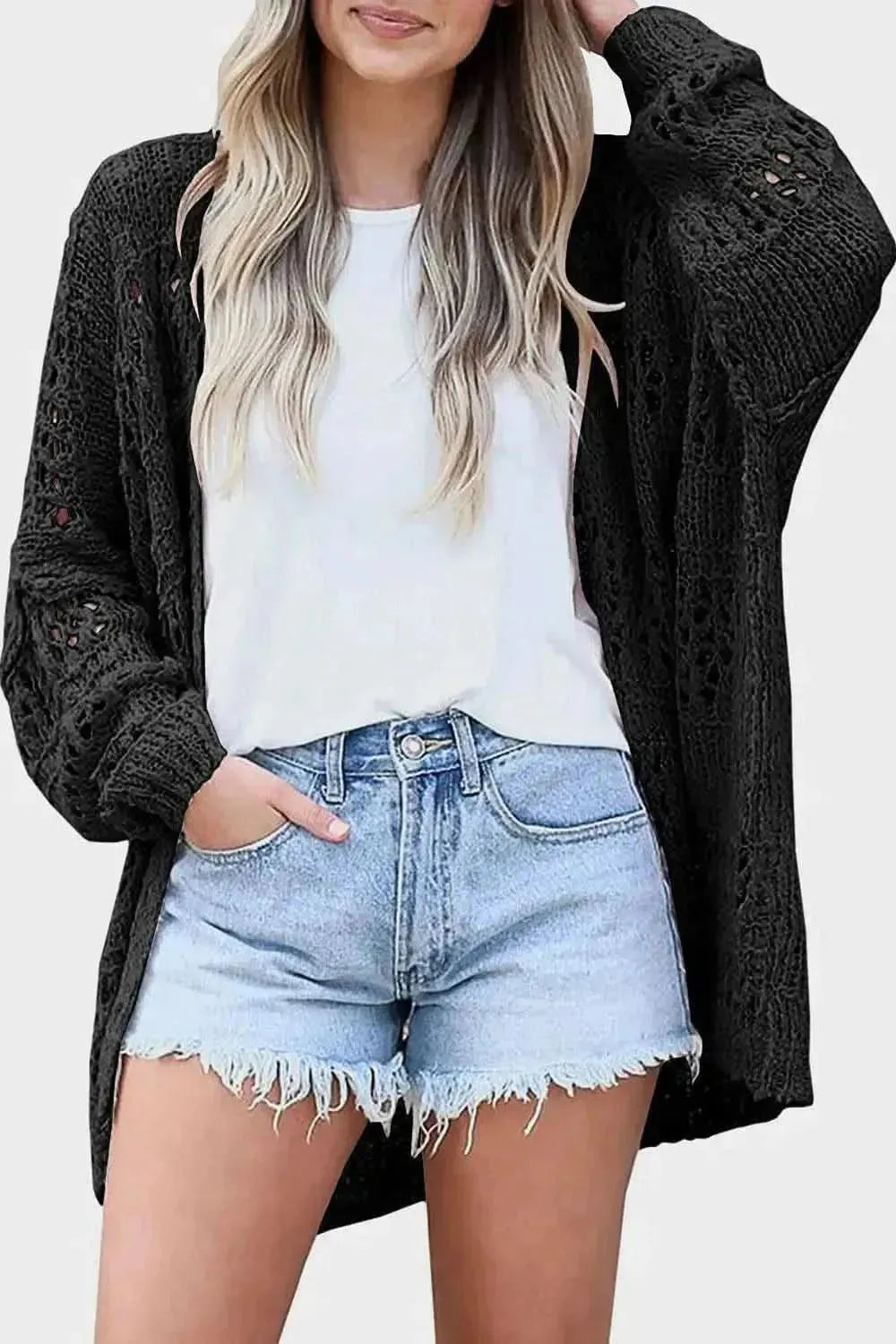 Openwork Open Front Long Sleeve Cardigan - Bad Moms Club