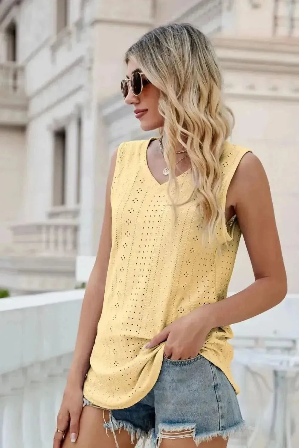 Eyelet V-Neck Tank - Bad Moms Club