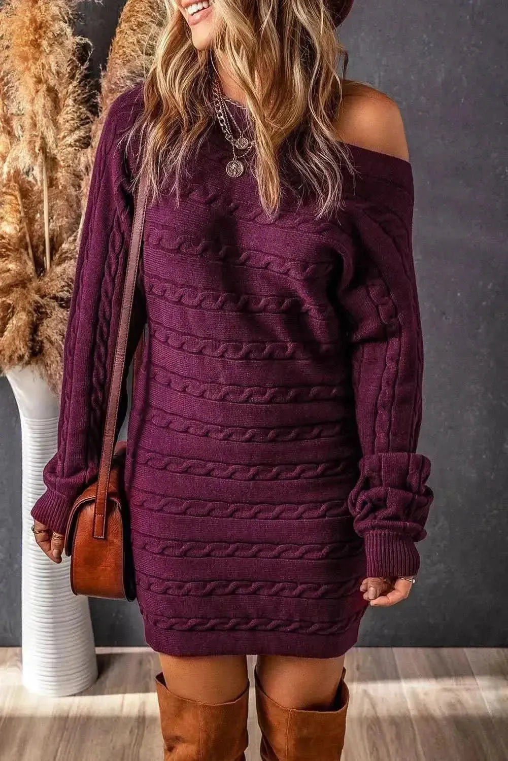 Cable-Knit Boat Neck Sweater Dress - Bad Moms Club