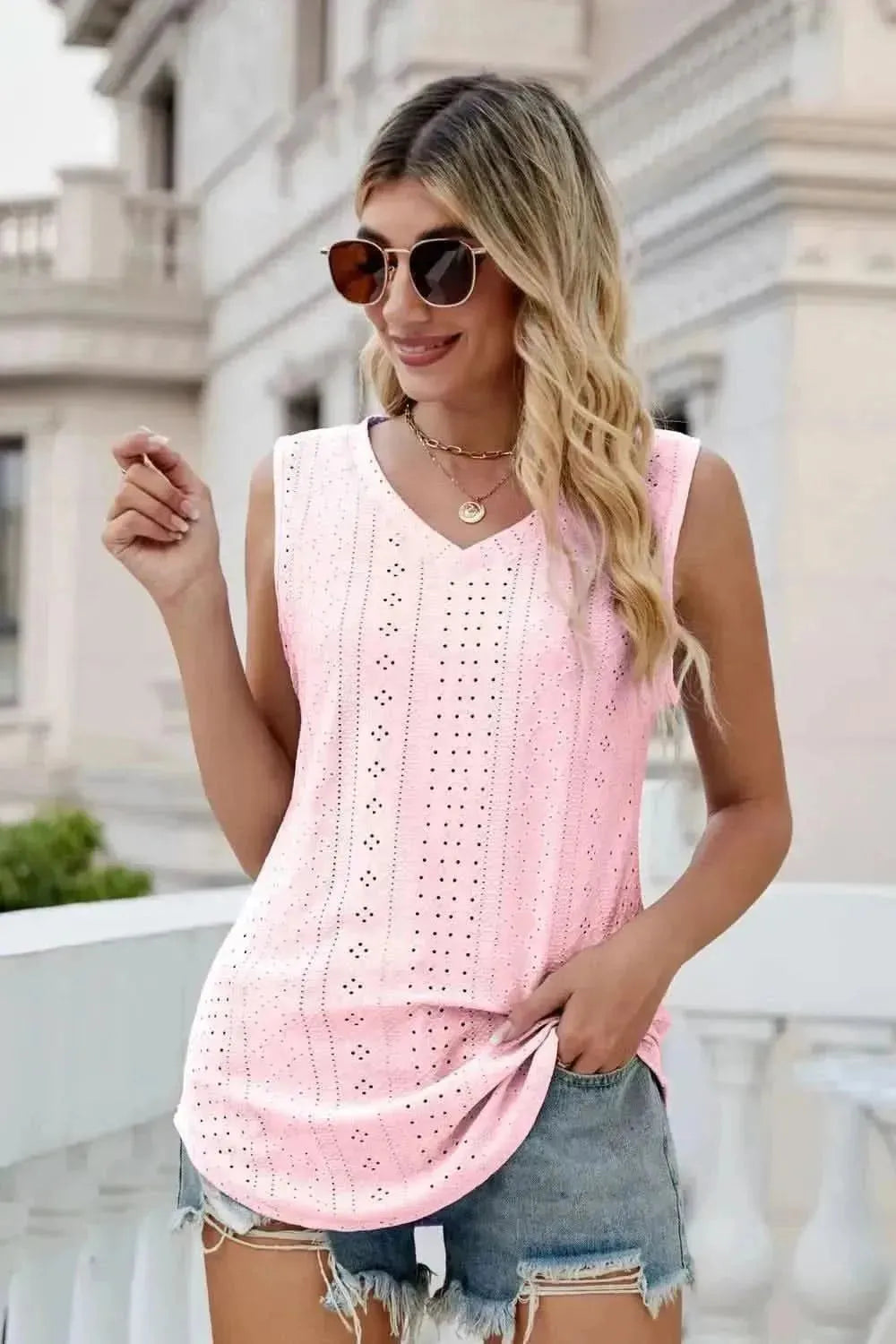 Eyelet V-Neck Tank - Bad Moms Club