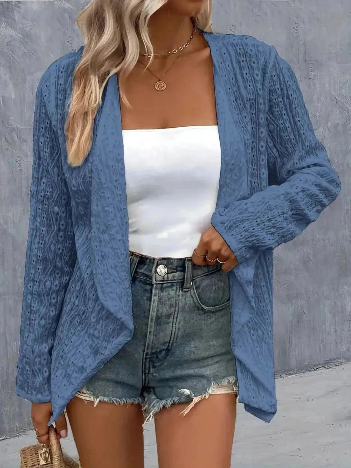 Eyelet Roll-Tab Sleeve Cardigan - Bad Moms Club