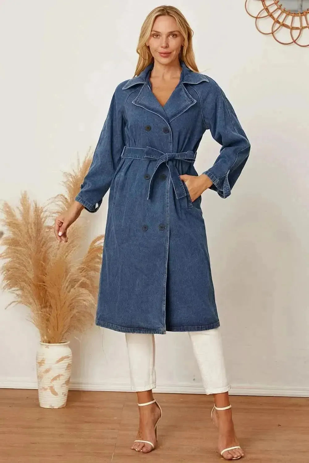 MeiMei Double-Breasted Belted Longline Denim Jacket - Bad Moms Club