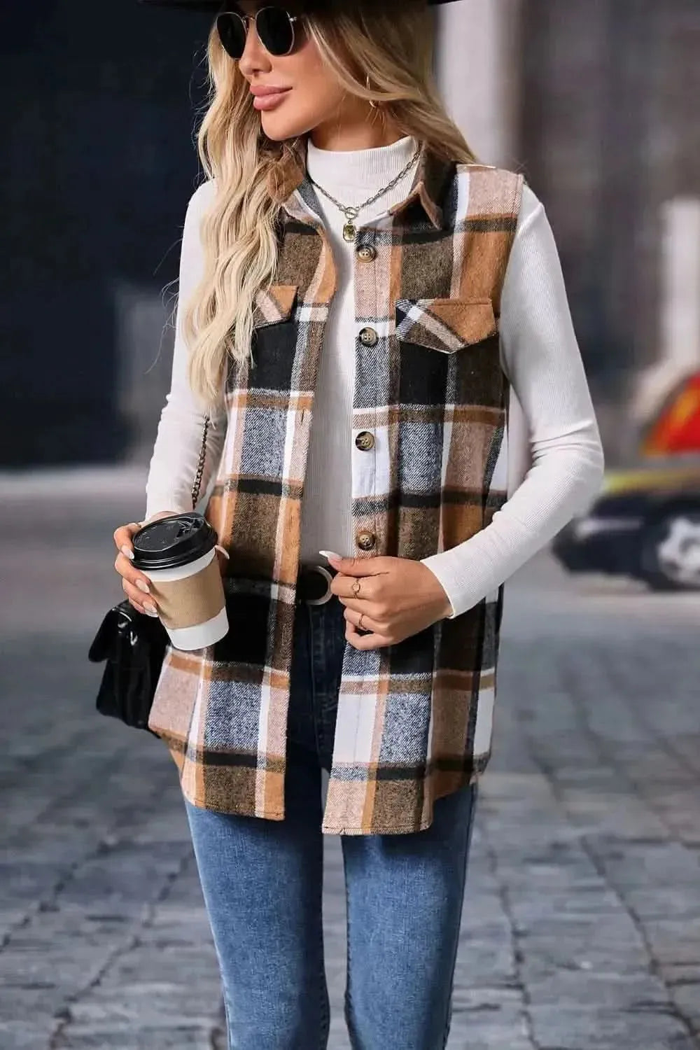 Plaid Button Up Vest Coat - Bad Moms Club