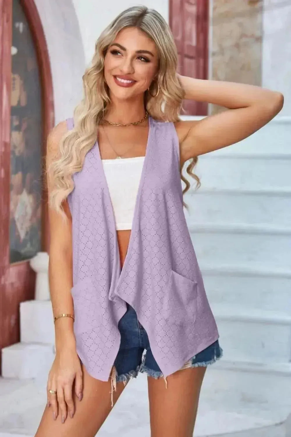 Eyelet Open Front Sleeveless Cardigan - Bad Moms Club