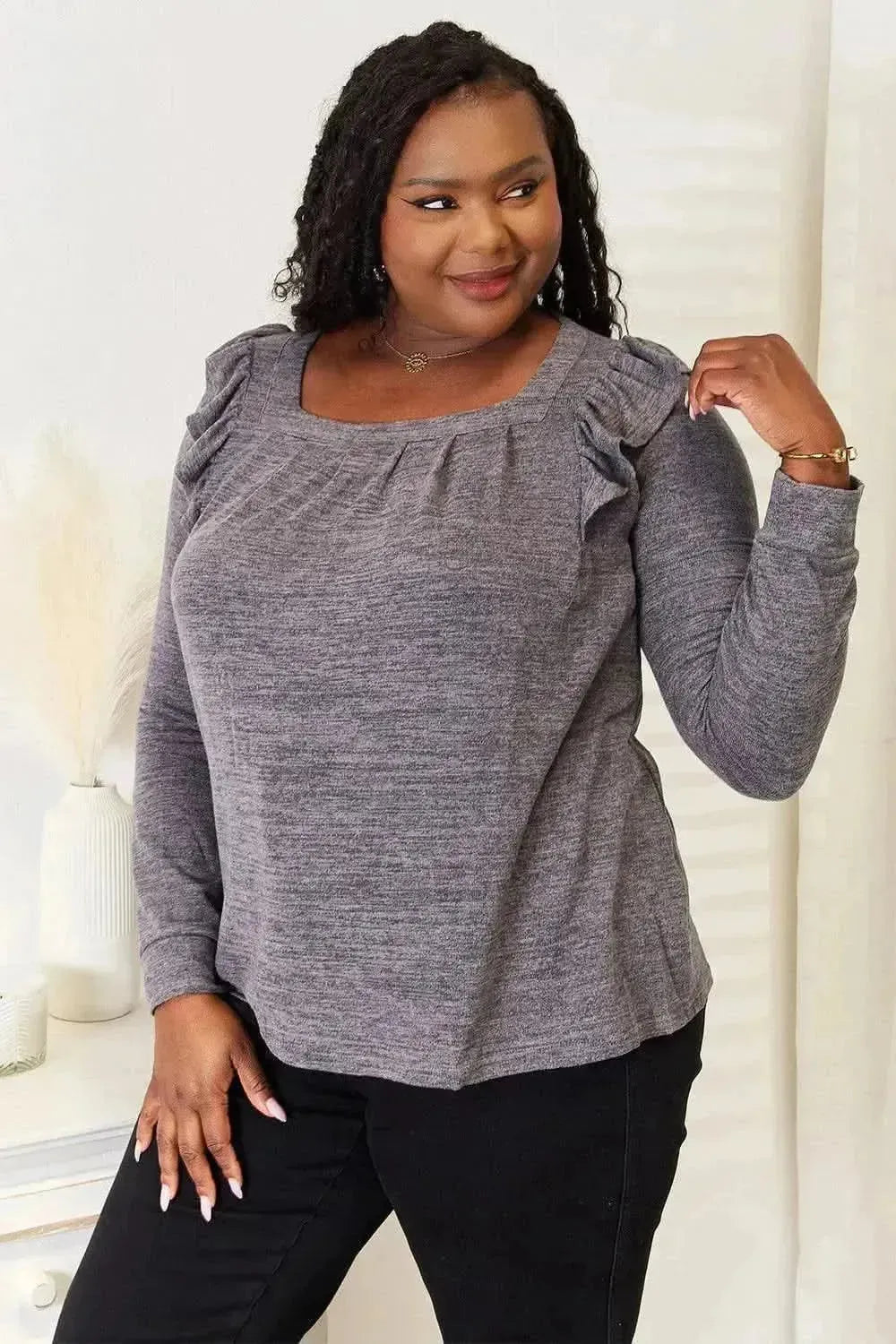 Double Take Square Neck Ruffle Shoulder Long Sleeve T-Shirt - Bad Moms Club