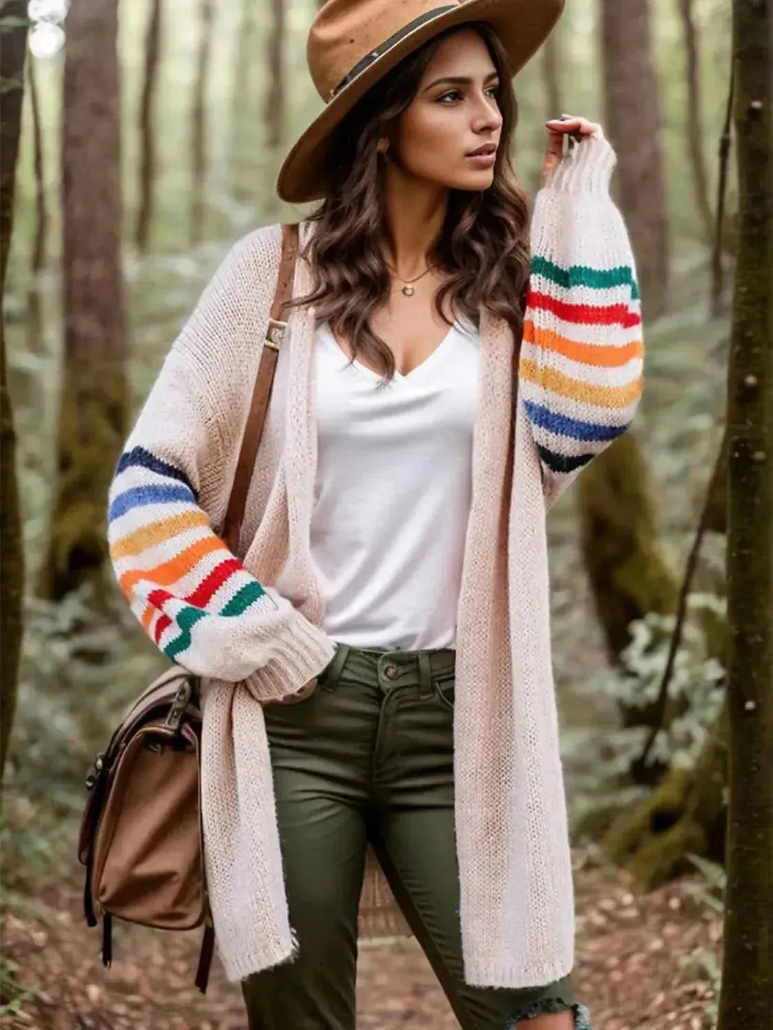Striped Open Front Long Sleeve Cardigan - Bad Moms Club