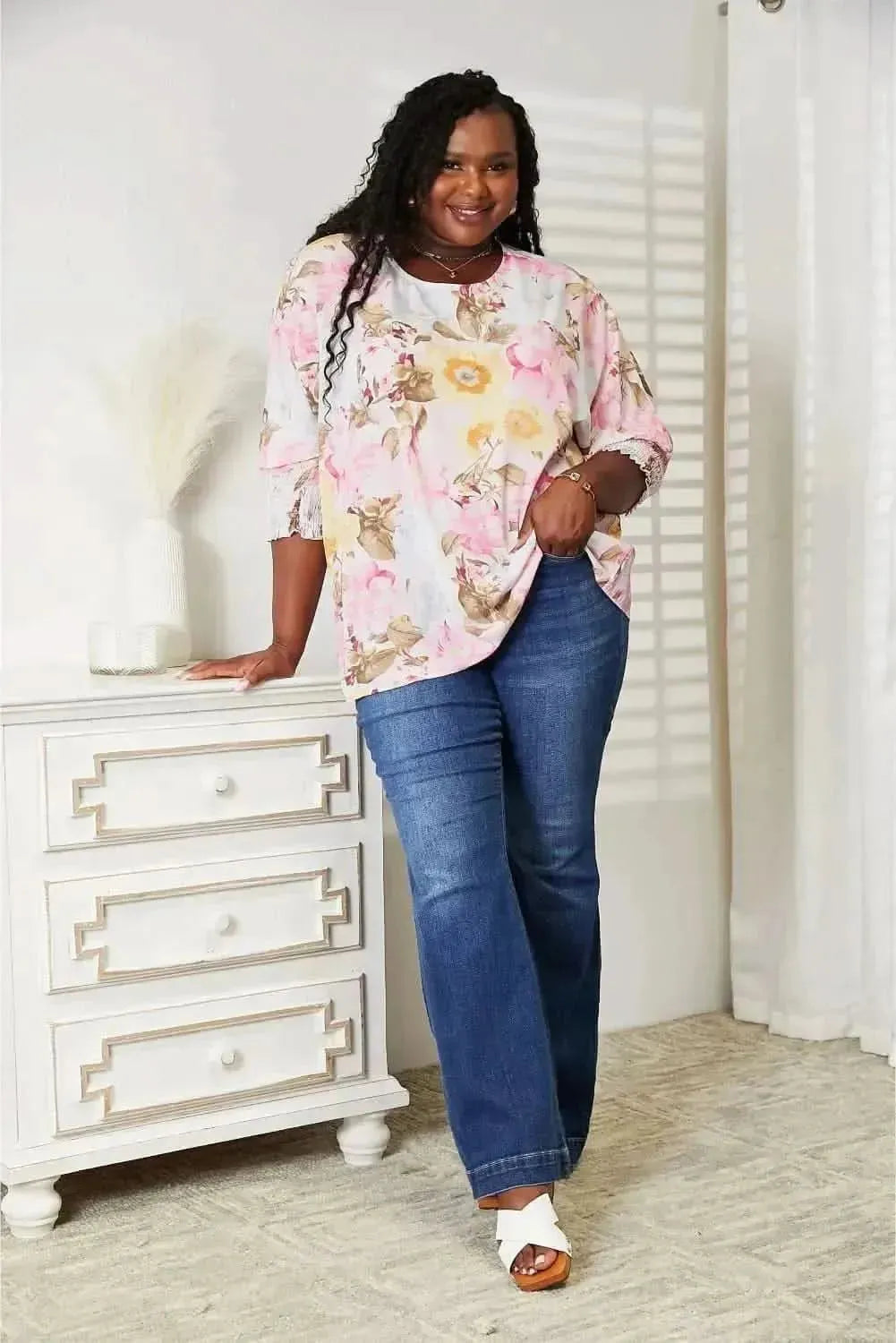 Double Take Floral Round Neck Three-Quarter Sleeve Top - Bad Moms Club