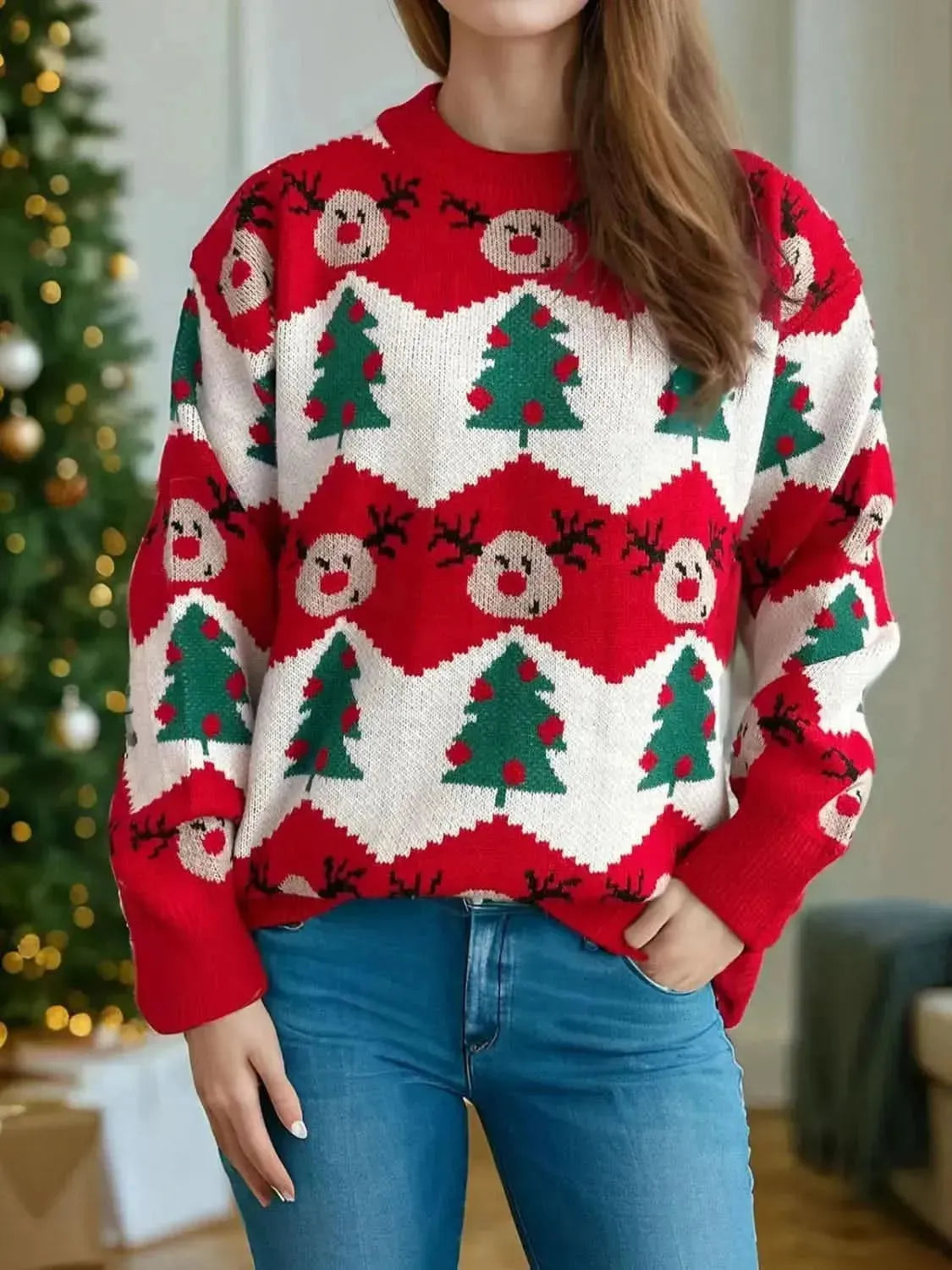 Christmas Element Round Neck Long Sleeve Sweater - Bad Moms Club