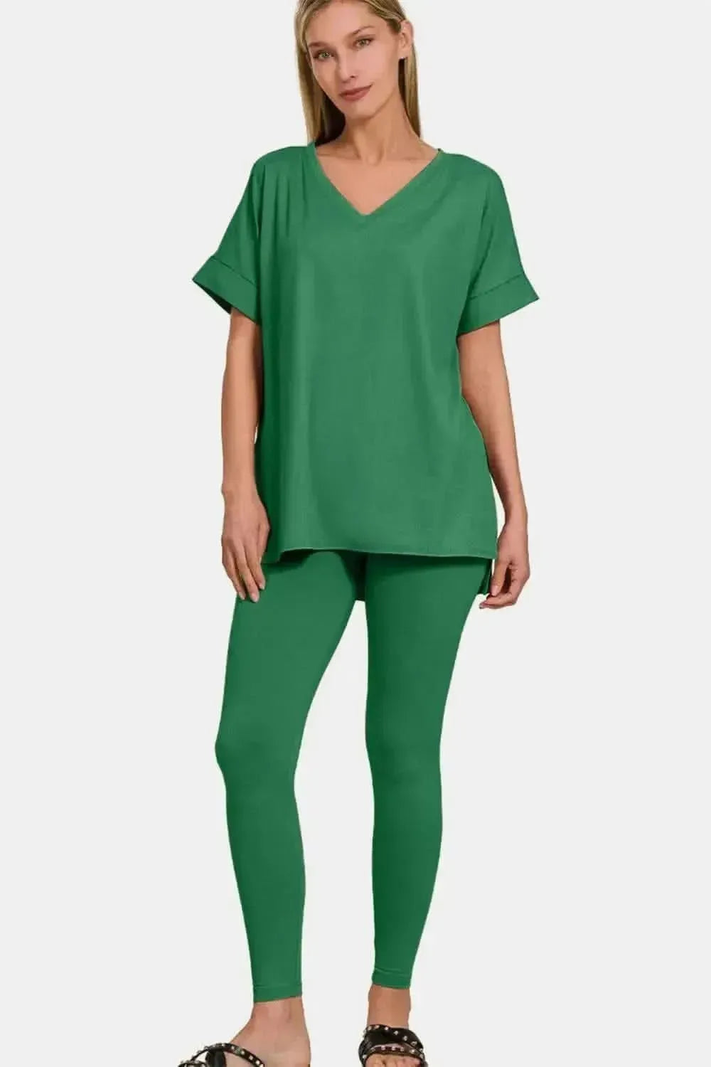 Zenana Full Size V-Neck Rolled Short Sleeve T-Shirt and Leggings Lounge Set - Bad Moms Club