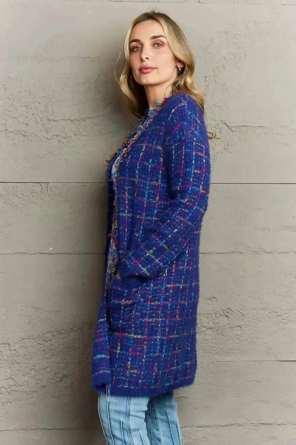 Plaid Fringe Trim Open Front Longline Cardigan - Bad Moms Club