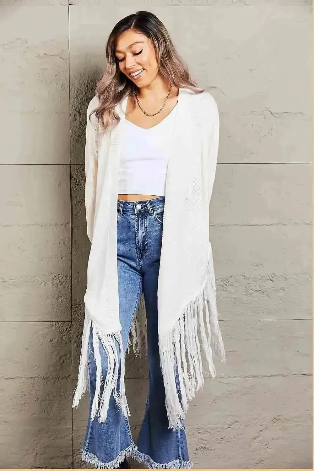 Fringe Hem Open Front Ribbed Trim Cardigan - Bad Moms Club
