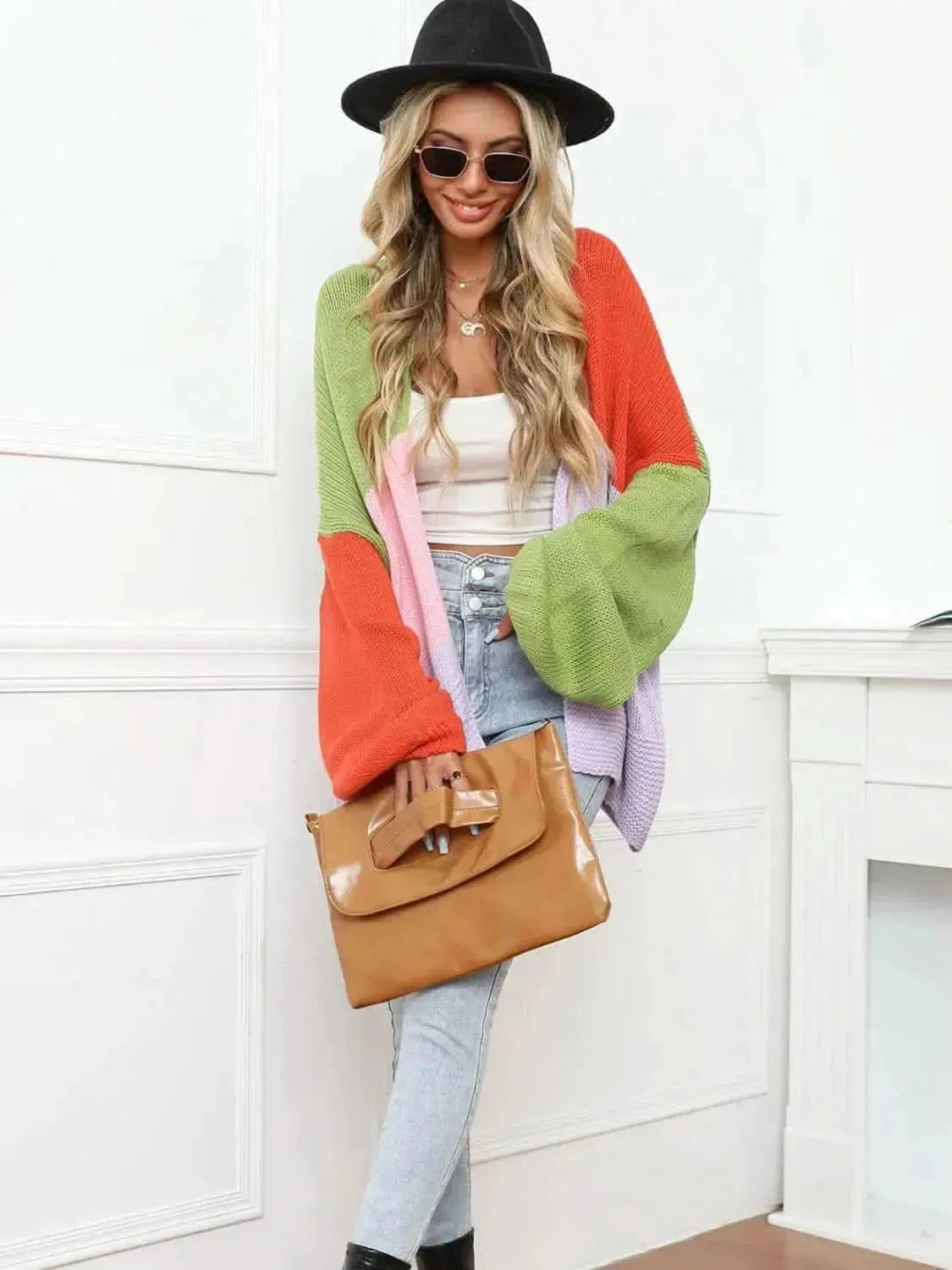 Color Block Open Front Balloon Sleeve Longline Cardigan - Bad Moms Club
