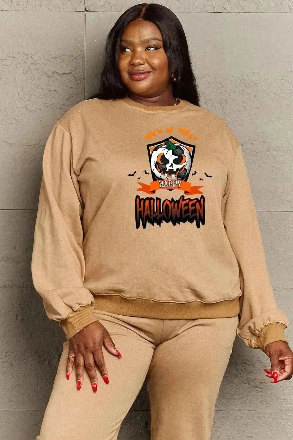 Simply Love Full Size TRICK OR TREAT HAPPY HALLOWEEN Graphic Sweatshirt - Bad Moms Club