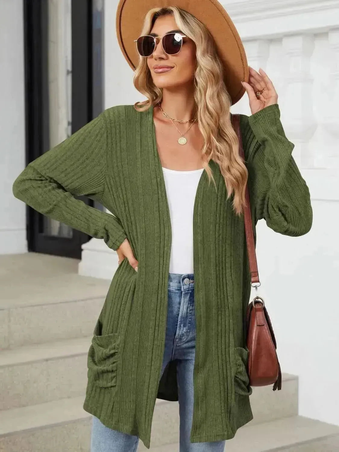 Pocketed Open Front Long Sleeve Cardigan - Bad Moms Club