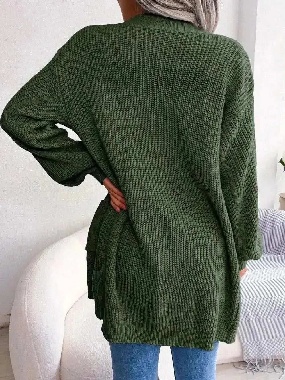 Cable-Knit Open Front Pocketed Cardigan - Bad Moms Club