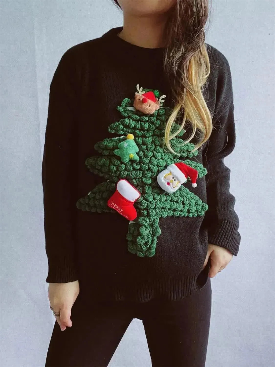 Christmas Tree Round Neck Long Sleeve Sweater - Bad Moms Club
