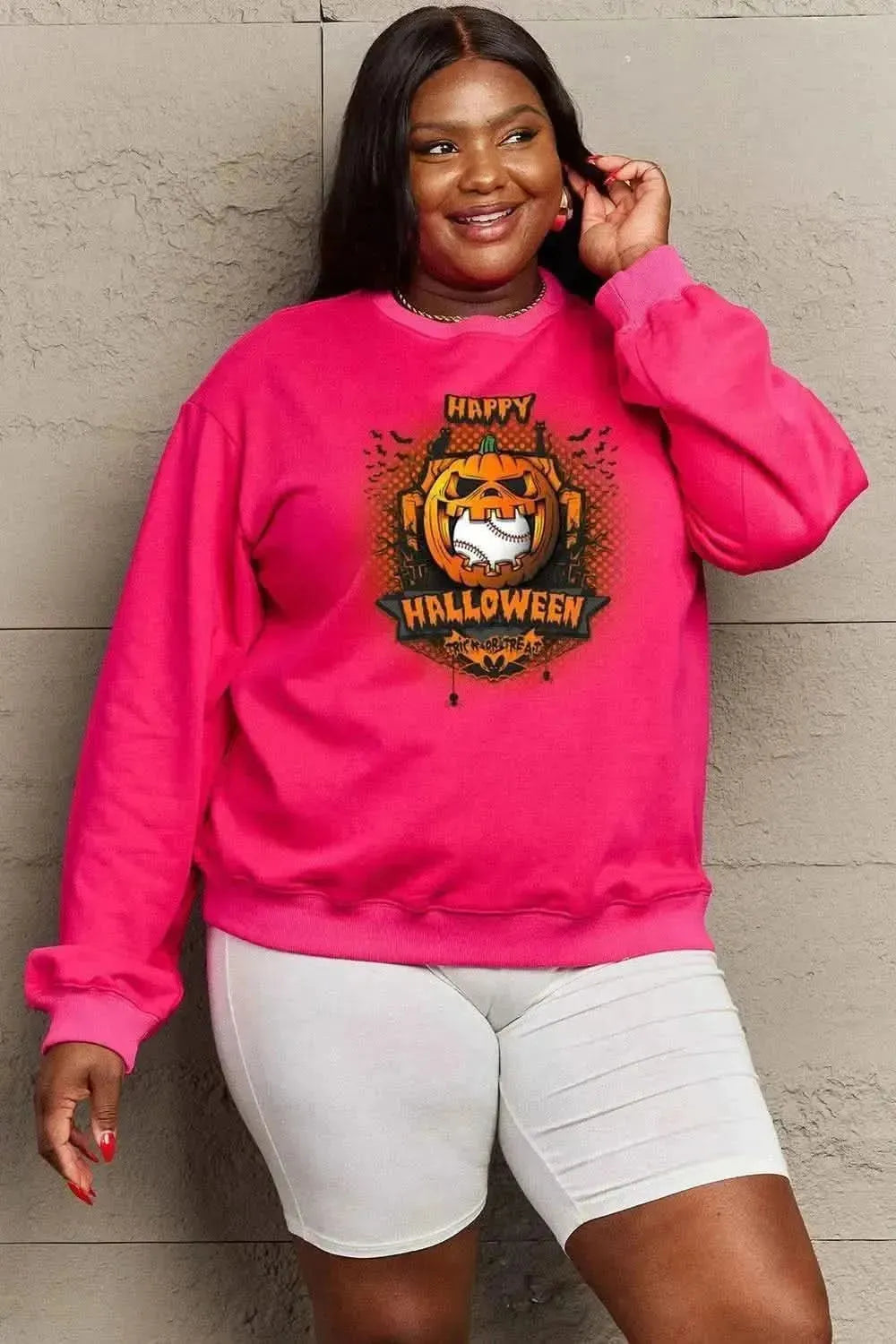 Simply Love Full Size HAPPY HALLOWEEN Graphic Sweatshirt - Bad Moms Club