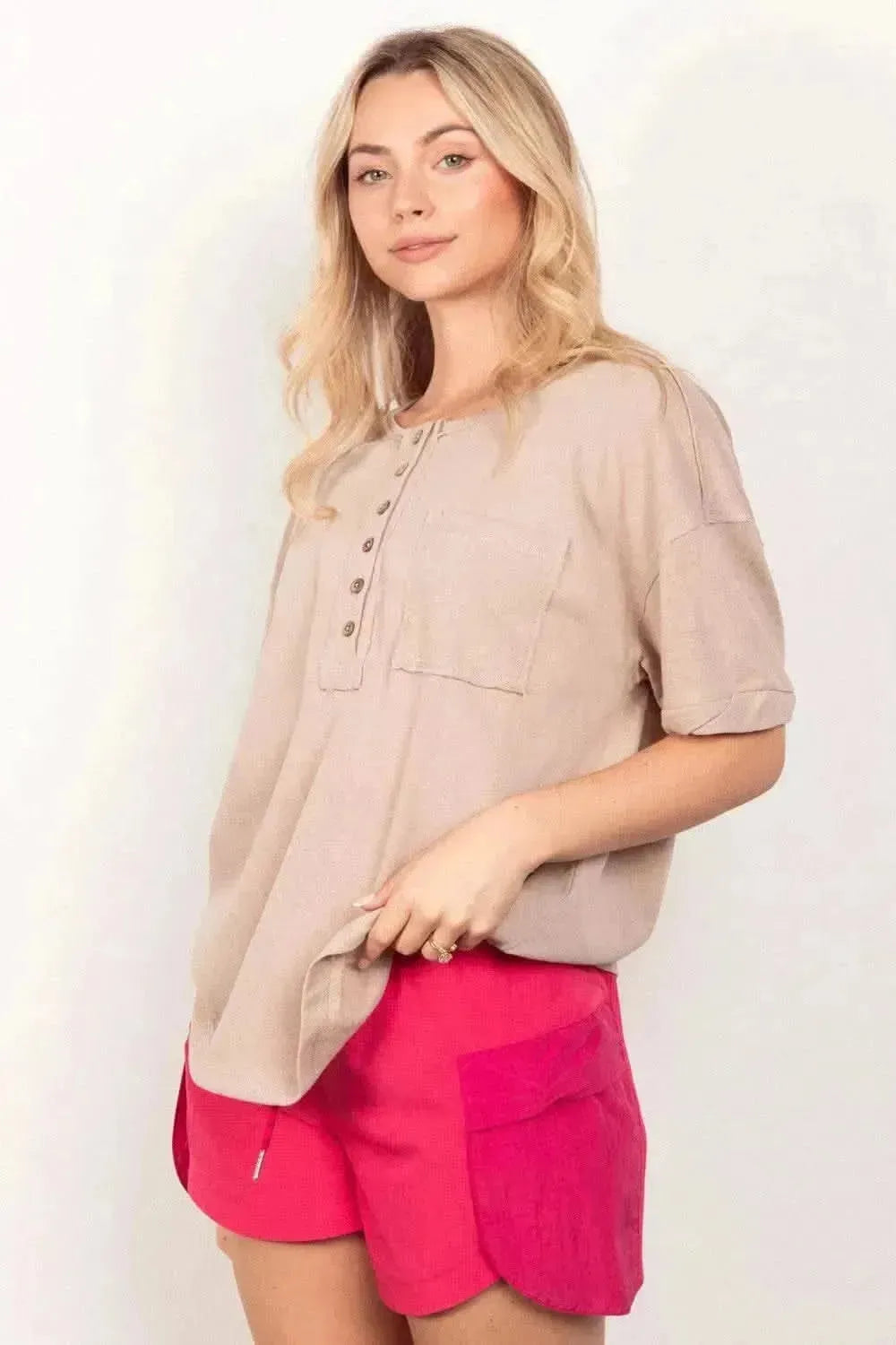 VERY J Twisted Sleeve Band Half Button Top - Bad Moms Club