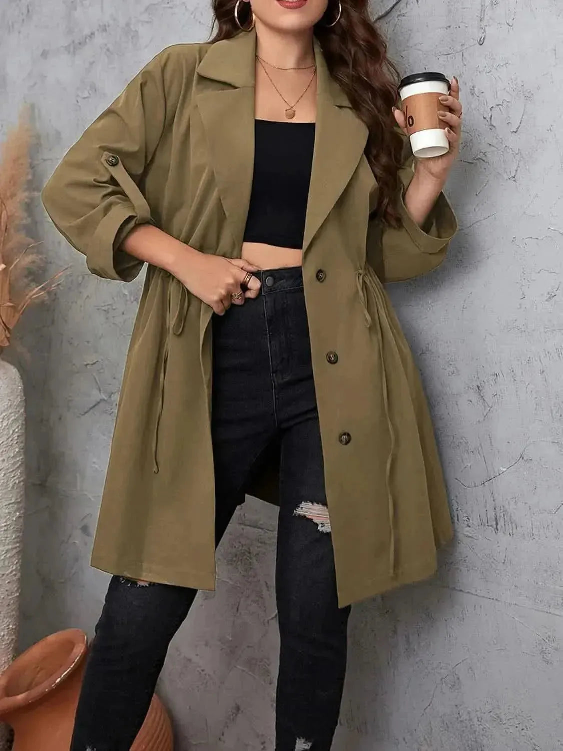 Plus Size Lapel Collar Drawstring Roll-Tab Sleeve Trench Coat - Bad Moms Club