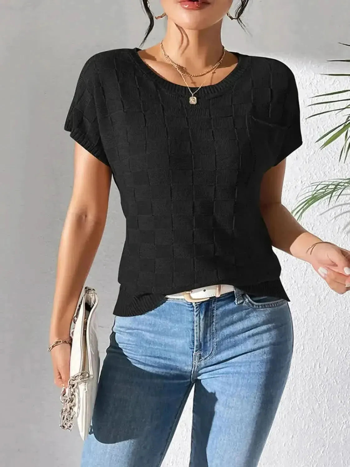 Round Neck Short Sleeve Knit Top - Bad Moms Club