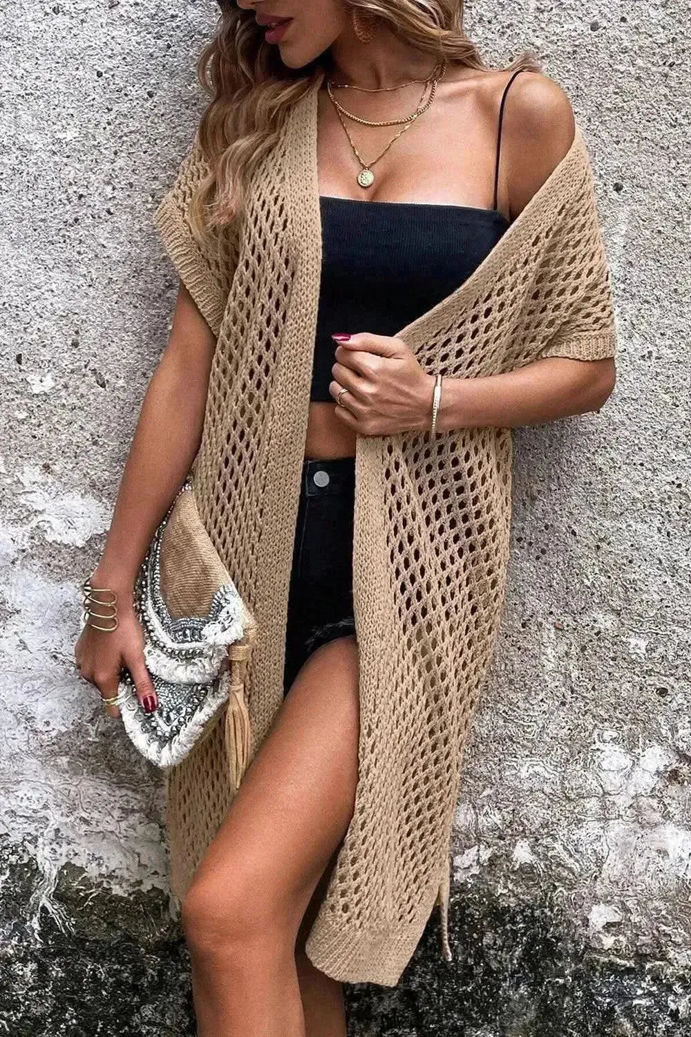 Openwork Open Front Short Sleeve Cardigan - Bad Moms Club