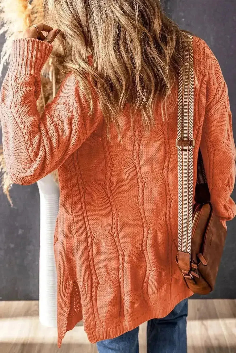 Cable-Knit Dropped Shoulder Slit Cardigan - Bad Moms Club